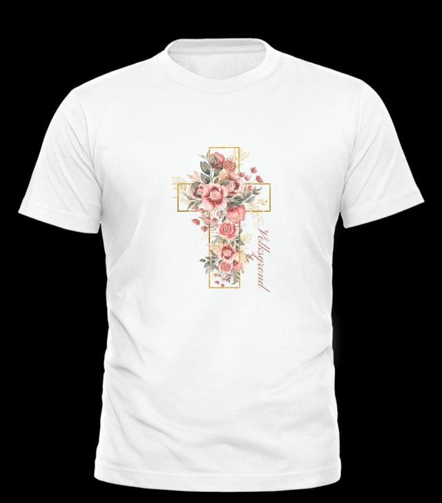 Volksgrond wit T-hemp met swart blomontwerp en slagspreuk.